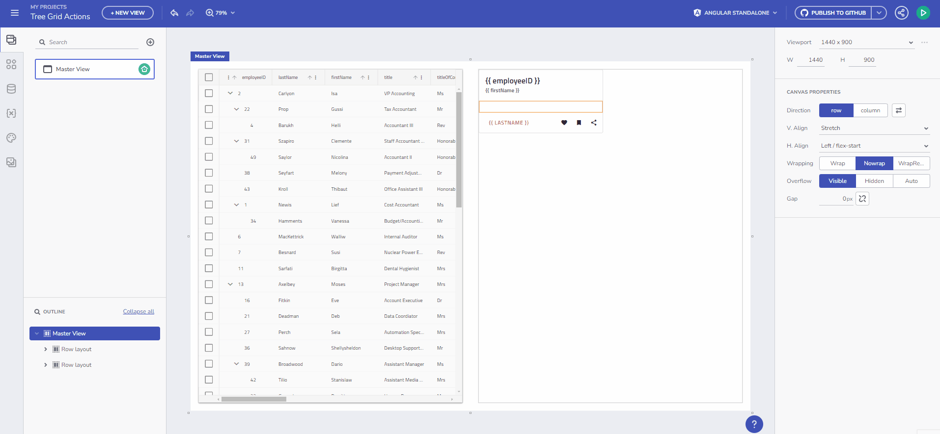  tree grid row selection in app builder