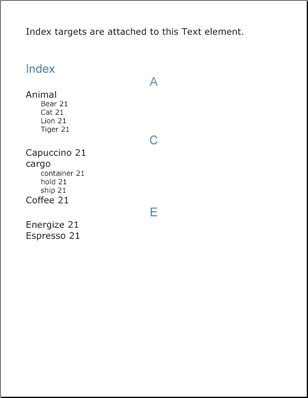 Shows a PDF that demonstrates an Index element