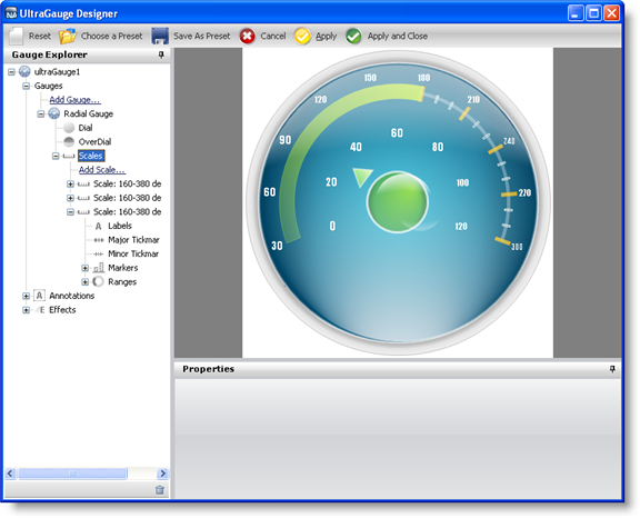 The gauge designer with a radial gauge showing a second set of labels applied.