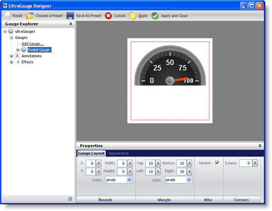 The gauge designer with a radial gauge with a preset showing in the preview area.