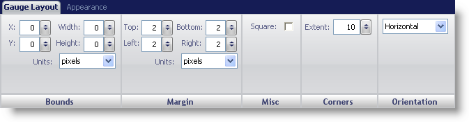 The gauge layout tab for the gauge designer.