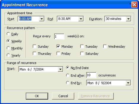 winschedule's recurring appointment dialog