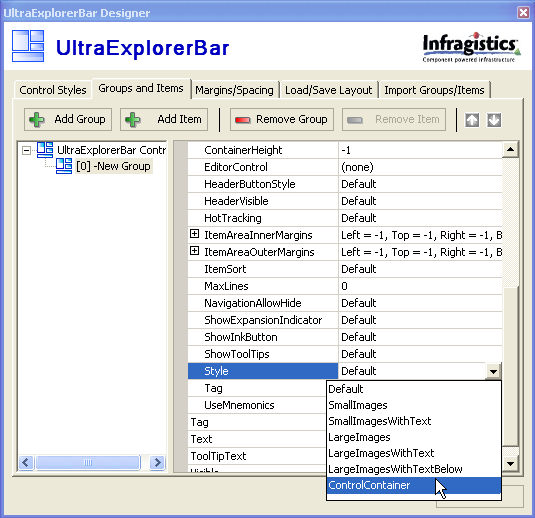 ultraexplorerbar designer with groups and items tab selected