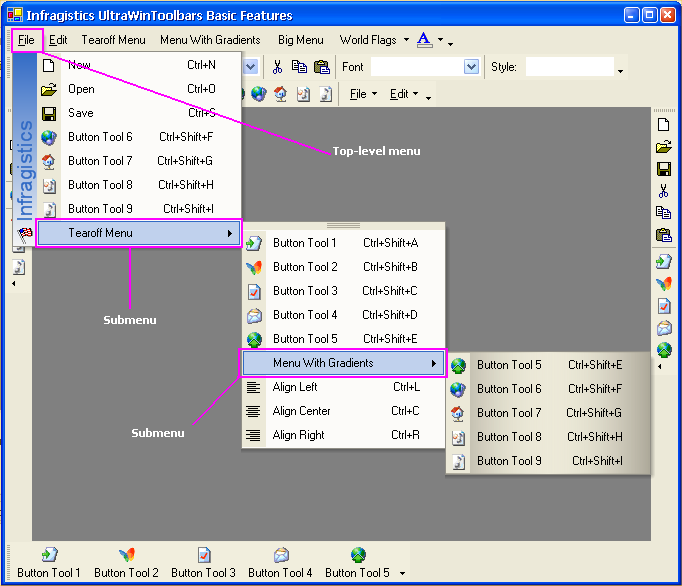 screen shot of form showing ultratoolbarsmanager different menu types.