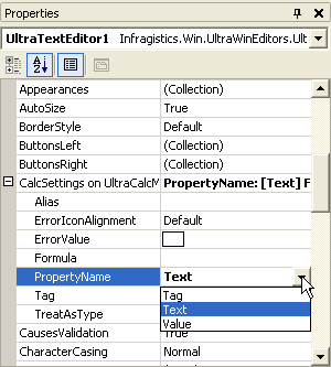 properties window for text editor showing the extent properties added by wincalcmanager