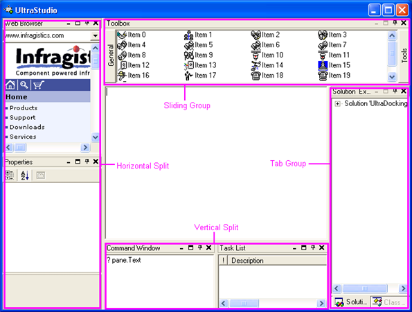 shows form with docking being controlled by ultradockmanager and its different areas labeled