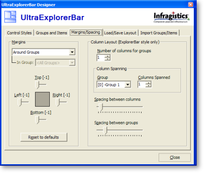 ultraexplorerbar's designer with margins/spacing tab selected