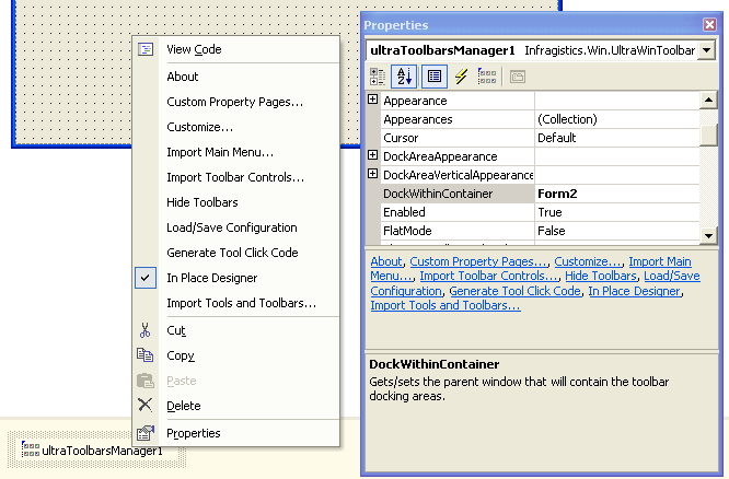 shows the ultratoolbarsmanager design time context menu