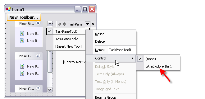 UltraToolbarsmanager taskpanetool's design time context menu