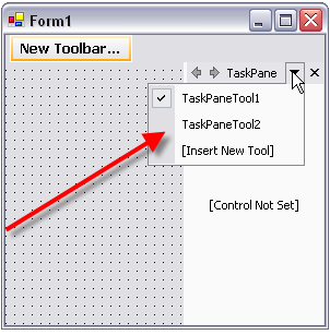 Ultratoolbarsmanager taskpane showing two taskpanetools in the new tools drop-down