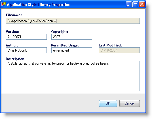 Shows the Application Style Library Properties dialog