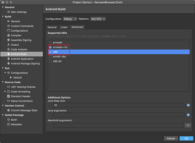 Android Project Options - Select Supported ABIs